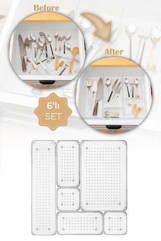 Vienev 6lı Şeffaf Çekmece Içi Düzenleyici Organizer 1x O.dkdrtgn, D.dkdrtgn 2x K.kare, K.dkdrtgn