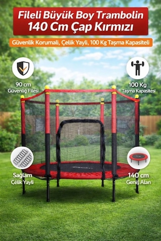 140 Cm Fileli Büyük Boy Trambolin - 100 Kg Kapasiteli Güvenlik Fileli Bahçe Ve Çocuk Trambolini