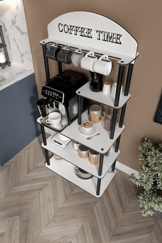 Coffee Tıme Çok Amaçlı Dolap Kahve Köşesi Parlak Beyaz Tüm Kahve Makineleri Beyaz