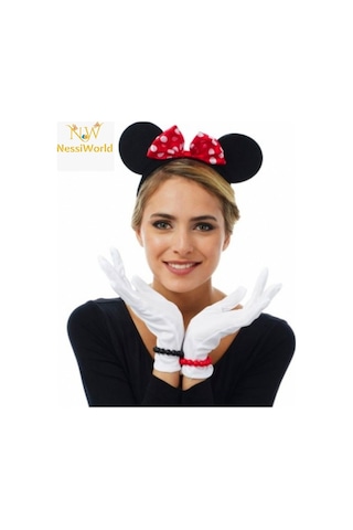 Kırmızı Fiyonklu Minnie Mouse Tacı Ve Beyaz Eldiven Seti - Özel Seri E049-g009-f031 Çocuk