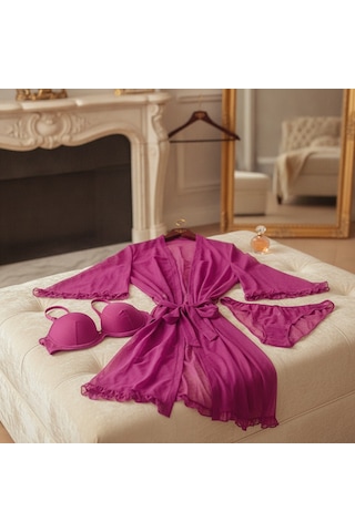 Bonbon Kadın Çeyizlik Ve Bohçalık Tül Transparan Mor Renk Sütyen, Slip Ve Sabahlık 3 Lü Paket Bb2685 Pembe