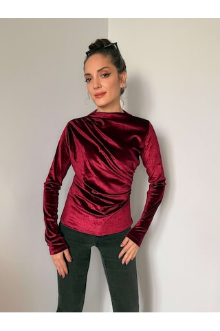 Ali Butik Bordo Balıkçı Yaka Kadife Bluz Bordo