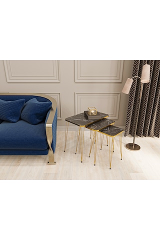 Zigon Sehpa 3'lü Dikdörtgen Gold Tel Ayaklı Siyah Mermer-Gold