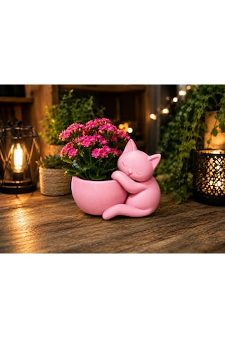 3d Baskı Sarılan Kedi Saksı - Sevimli Dekoratif Saksı - Pembe -