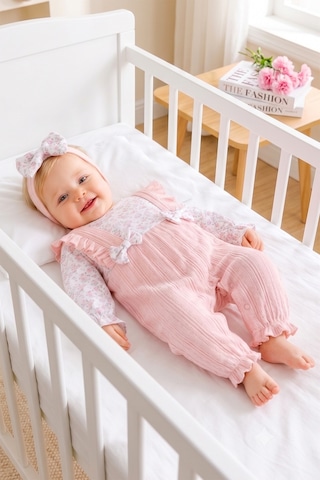 Babymod Çiçek Desenli Bandanalı 100% Pamuk Kız Bebek Tulum Somon