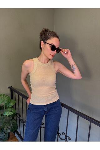 Ali Butik Krem Simli Halter Yaka Atlet