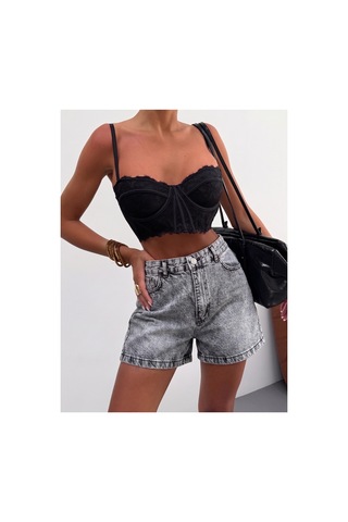 Kene Jeans Gri Kar Kılçıklı İşlemli Kısa/mini Kot Şort Gri Kar