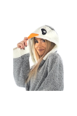 Zeynep Tekstil Penguen Nakışlı Kapşonlu Wellsoft Bornoz 153-99-1078 Gri