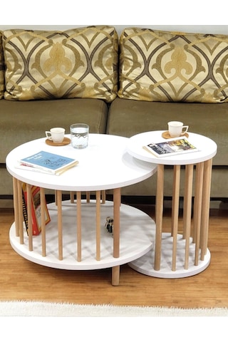 İkili Set Yuvarlak Orta Sehpa Ahşap Ayaklı Sehpa Iki Raflı Sehpa Dekoratif Sehpa Gazetelikli Beyaz - Beyaz