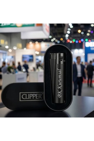 Bk Kurumsal Firma İsimli Siyah Clipper Çakmak 10 Adet Metal Gövdeli Hediye Kutulu