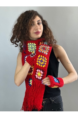 Gönülden Tasarım El Örgüsü Etnik Motif Desenli Atkı Eldiven Set Atkı 180 Cm Kırmızı