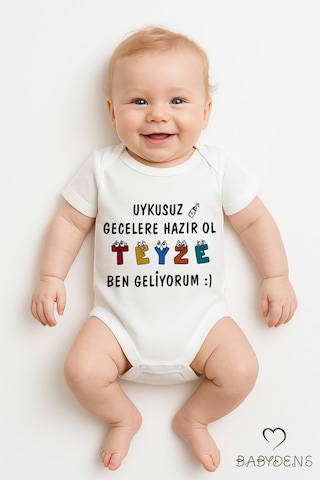 Babyden's Uykusuz Gecelere Hazır Ol Teyze Yazılı Pamuk Çıtçıtlı Bebek Zıbını Kısa Kollu Body Unisex Beyaz