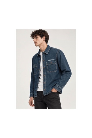 Little Cup Jeans Co Koyu Mavi Premium Tok Kumaş Çift Cep 90lar Erkek Denim Kot Gömlek Açık Mavi