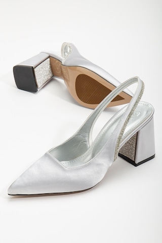 Saten Topuk Taşlı Gümüş Büyük Numara Kadın Ayakkabı Topuklu Abiye-2676-gümüş