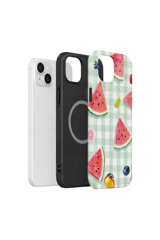 Apple iPhone Uyumlu 13 Vorian Çift Katmanlı Magsafe Kılıf Watermelon Picnic Gingham