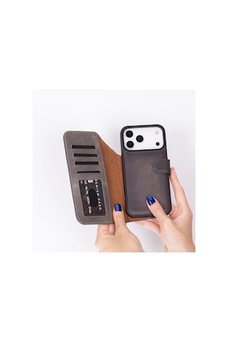 Bloomcase Magic Apple Uyumlu iPhone 17 Pro Max 6.9" Ash Mist Ayrılabilir Hakiki Deri Cüzdanlı Telefon Kılıfı Gri - Gümüş