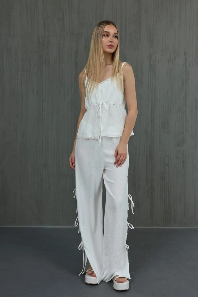 Sidelya Concept Fiyonklu Bluz Takım - Beyaz Beyaz