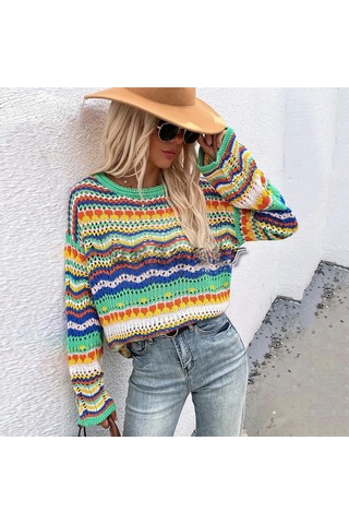 Kadın Gökkuşağı Bisiklet Yaka Çizgili Örgü Kazak Kazak Uzun Kollu Günlük Gevşek Büyük Boy Üstler Turuncu