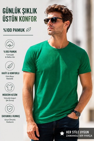 Luxıc Core Erkek Slim Fit Yeşil Bisiklet Yaka Pamuk Penye Günlük Rahat Basic Tişört
