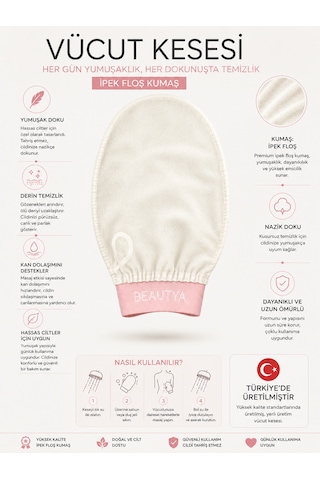 Ekru Lastikli Banyo Duş Kesesi Peeling Eldiveni %100 Floş Ipek Hassas Ciltler Için