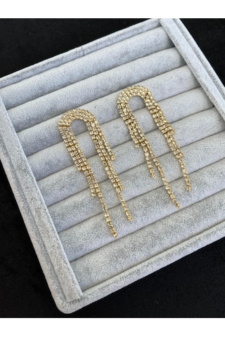 Altın Renk Zirkon Taşlı Püsküllü Sallantılı Kına Düğün Nişan Abiye Kararmaz Paslanmaz Kadın Küpe Gold