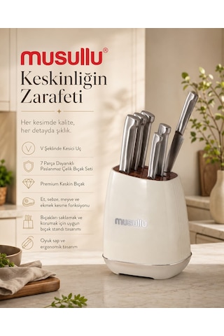 Musullu Mkn-6020 Standlı Bıçak Seti Krem - Gümüş