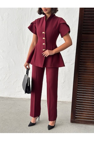 Duygudan Gold Düğme Detaylı Peplum Kesim Şık Kadın Takım - Bordo Çok Renkli