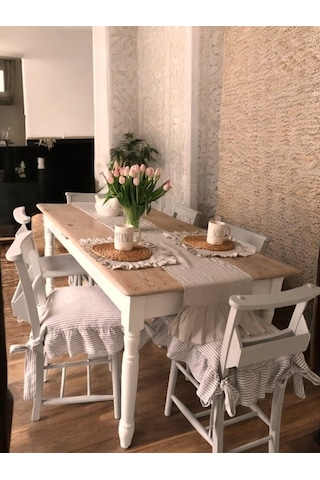 Bej Çizgili Buldan Yıkanmıs Keten 4 Tarafı Fırfırlı Sandalye Minderi Renkli Diğer