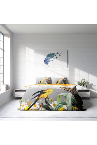 Monohome Yellow Parrot 3D Pamuk Saten Çift Kişilik Nevresim Takım Sarı