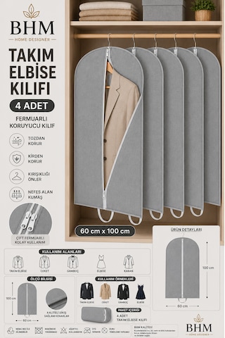 4'lü Takım Elbise Kılıfı 60x100 Cm Çift Fermuarlı Gamboç Elbise Kılıfı Kıyafet Koruyucu Toz Geçirmez Dolap Düzenleyici Gri