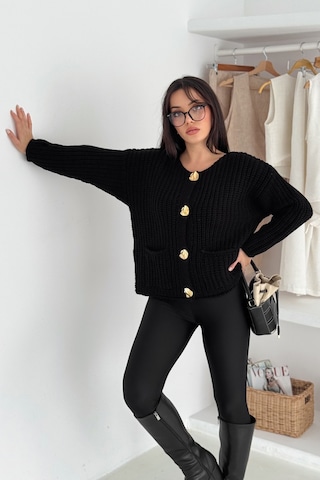 Noa & Noa Kadın Altın Düğmeli Dokulu Örgü Hırka Zarif & Vintage Dokunuş Siyah