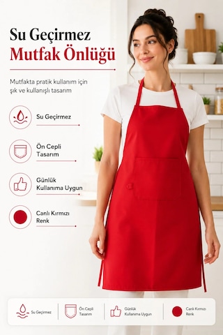 Su Geçirmez Kırmızı Mutfak Önlüğü Ön Cepli, Bağlamalı, Unisex Aşçı Ve Yemek Önlüğü