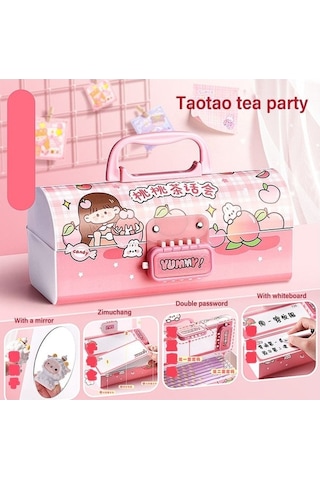 Mufunye Öğrenci Hediyesi: Çok Fonksiyonlu Kartoonlu Büyük Kapasiteli Kilitli Kalem Kutusu - Pembe Çok Renkli