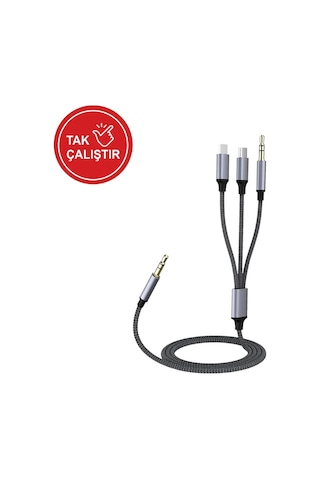 Type-c Apple Uyumlu iPhone Lightning To 3.5mm Aux Kumaş Örgülü Ses Kablosu 3 İn 1 Stereo Destekli Mt2811