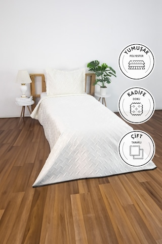 Queen Kadife Tek Kişilik Yatak Örtüsü - Krem Krem