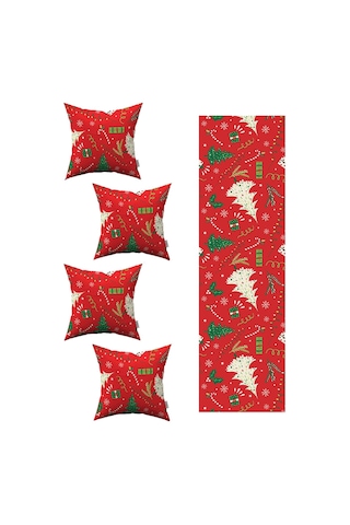 Kırmızı Yılbaşı Temalı 4'lü Kırlent Kılıfı 1 Runner Seti 4kmbs220-rs