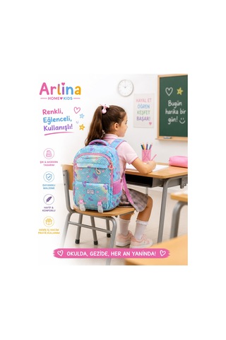 Kore Model 3 Lü Set Su Geçirmez Kız Çocuk Çantası Mavi-pembe Çanta-beslenme-kalemlik Seti Pembe - Mavi
