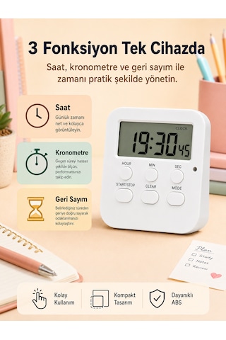 Öğrenci Ders Çalışma Saati Kronometreli Araç Saati Mutfak Buzdolabı Magnet Saat Sınavlara Hazırlık Beyaz