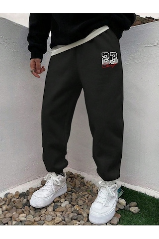 23 Chicago Eşofman Altı Jogger - Siyah Baskılı Lastik Paça Yüksel Bel Siyah