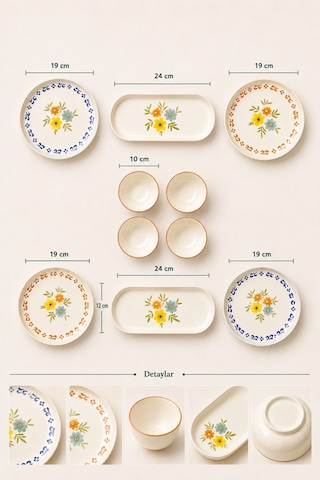 10 Parça 4 Kişilik Rosalia Stoneware Kahvaltı Takımı - Özel Desenli Kahvaltılık Servis Sunum Seti Çok Renkli