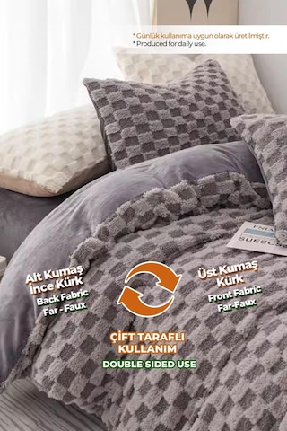 Evlen Home Çift Taraflı Kişilik Kürk Yorgan Uyku Seti Yumuşak Dolgulu Yatak Örtüsü 3 Parça Polo Antrasit