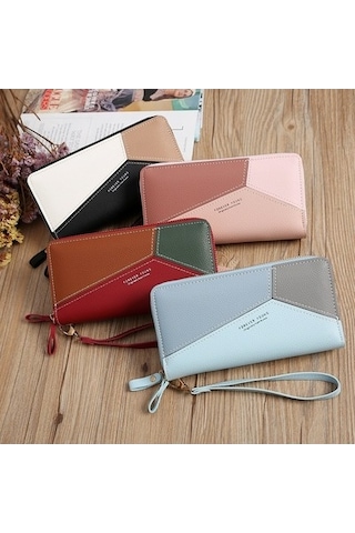 Çift Fermuarlı Bayan Uzun Çanta Ekleme Bozuk Para Çantası Kırmızı Kırmızı