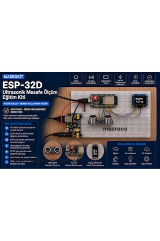 Masrokit Esp32-d Geliştirme Kartlı Ultrasonik Mesafe Ölçüm Eğitim Kiti Önceden Programlanmış