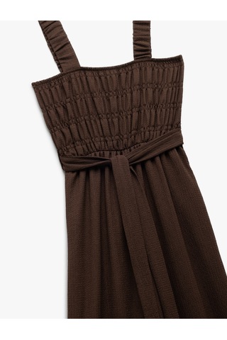 Koton Gipeli Kare Yaka Kolsuz Beli Kuşaklı Geniş Paça Tulum Bürümcük Kahverengi 5sal40007ık Kahve