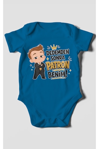 Morivokids Dedemden Sonra Patron Benim Kısa Kollu Bebek Body %100 Pamuk Koyu Mavi