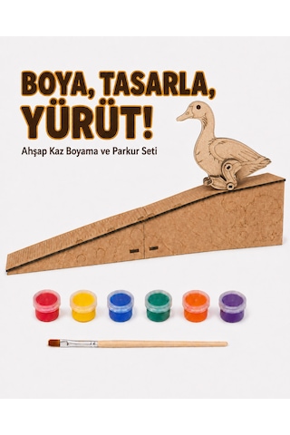 Çocuk Ahşap Hareketli Kaz Boyama Seti 6 Renk Boya, Fırça Ve Kolay Montaj Parkuru