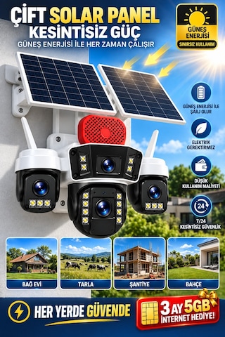 4 Kameralı 4g Sım Kartlı Solar Güvenlik Kamerası Çift Güneş Panelli Ptz Gece Görüş Sirenli Ip66 Okam Pro Uygulama