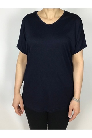 Kısa Kol V Yaka Likralı Düz Penye Bluz Lacivert
