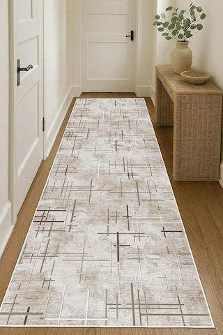 Dijital Baskılı Dekoratif Kaymaz Taban Yıkanabilir Kilim Yolluk Antre Hol Halısı Salon Halısı Bej