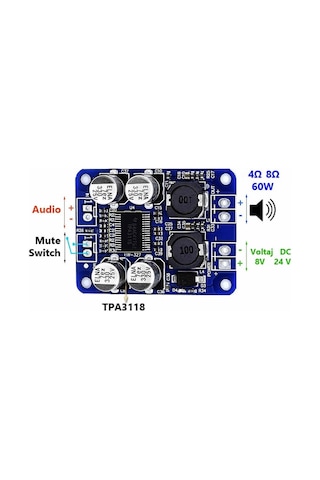 TPA3118 60W Mono Digital Ses Amfi Modül DC 12V-24V Tek Kanal Class D Amplifikatör Amfi Amplifier
